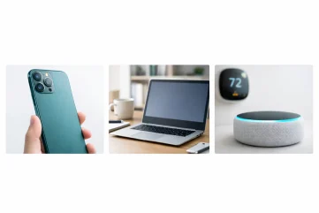 “Smartphone, laptop, and smart speaker on clean surfaces — showcasing Primebyte Shop tech essentials for everyday convenience.”